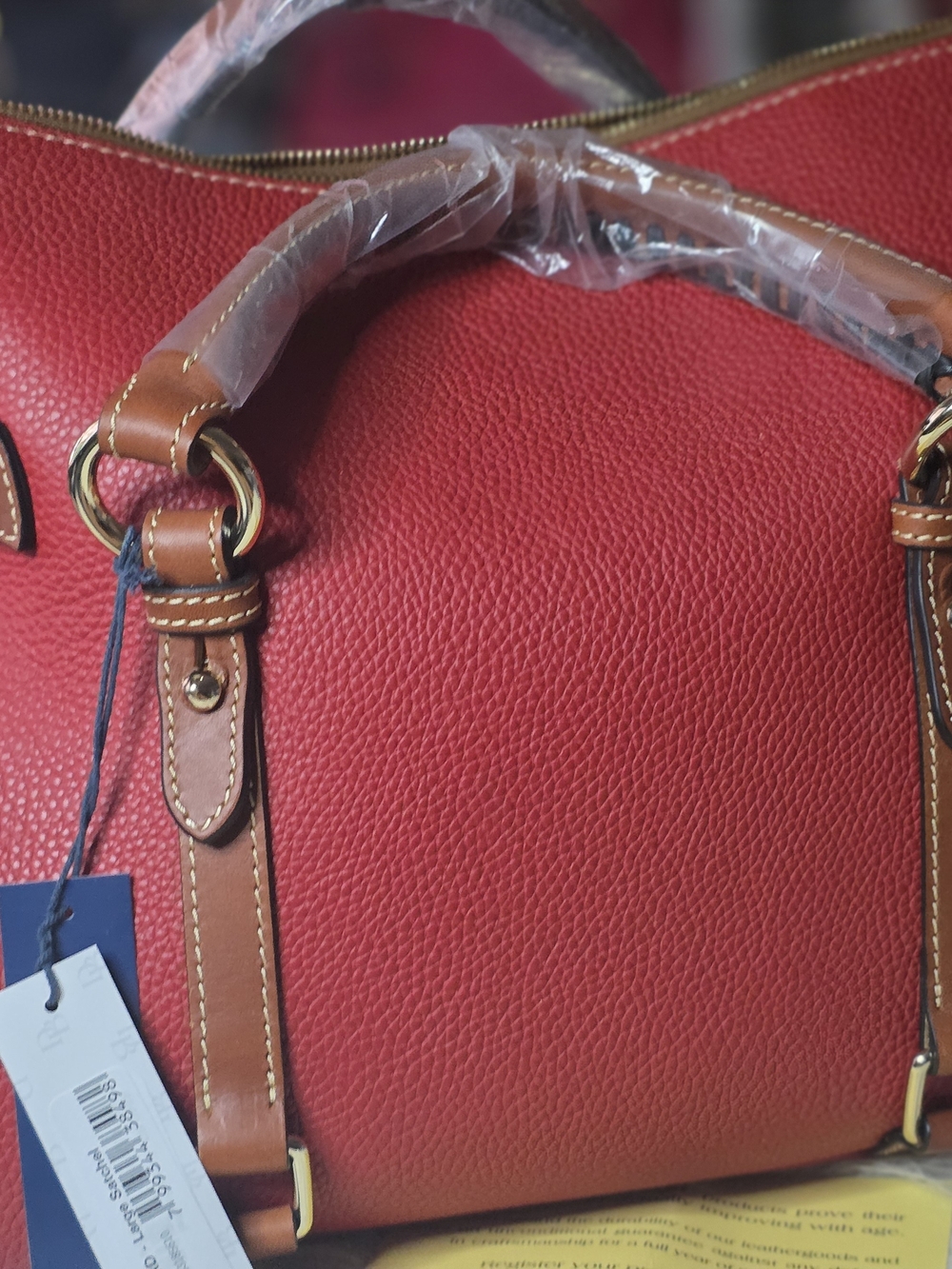 Dooney & Bourke Red Pebble Leather Satchel with Tan Trim and Gold Hardware - Picture 2 of 8